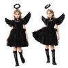 [mxcgzl] Cosplay Halloween Angel Devil Costume for Girls 4-Piece Set with Wings Cute Stylish Black School Festival Party Event Kids (Black, 150CM)