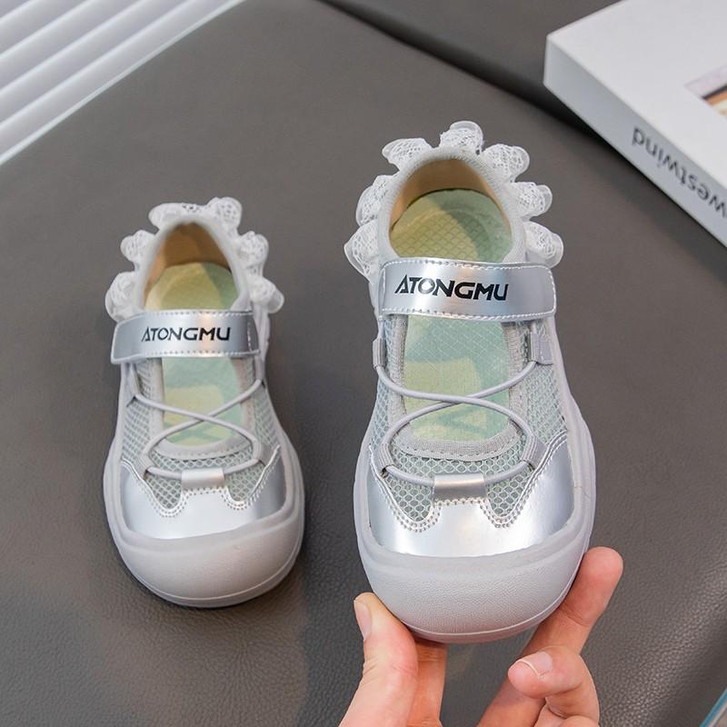 

Kids Lace Back Breathable Mesh Velcro Non Slip Protective Toe Casual Sneakers 26 серебряный