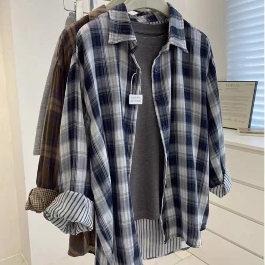 Damen Lässiges Retro Kariertes Langarmhemd Französischer Fauler Stil Herbst Locker Vielseitige Strickjacke Modischer Kragen Einreiher Bluse