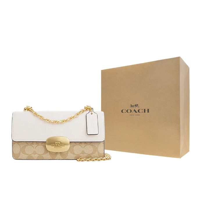 Coach Eliza 23 Classic Monogram Flap Bag With Non-Detachable Shoulder Strap Women Shoulder Bag Light-Khaki White CP009-IMDQC