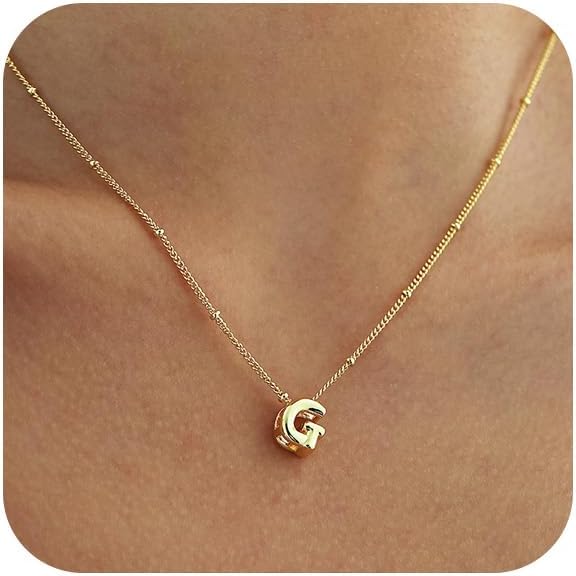 Bubble Letter Necklace Gold, Dainty Initial Necklaces for Women 14K Gold Plated Small A to Z Name Necklace Personalized Simple Initial Pendant Cute