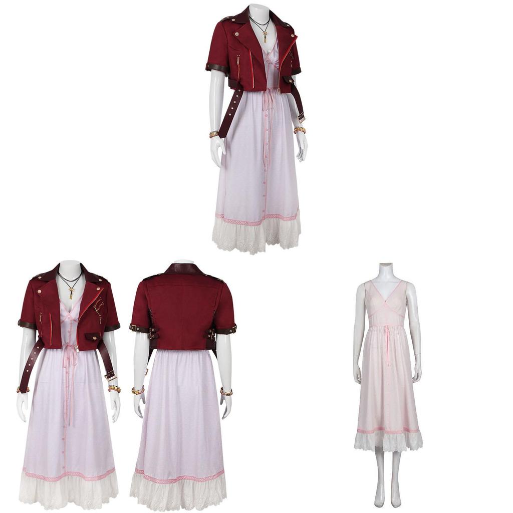 Final Fantasy 7 Aerith Gainsborough Cosplay Costume With Denim Outfit For Game Anime Role Play