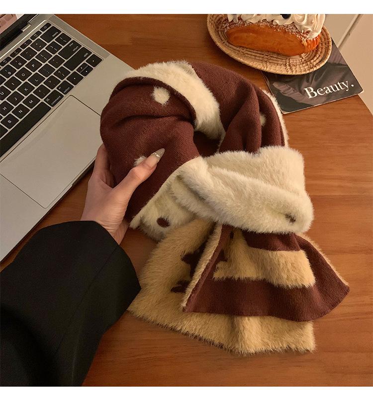 Cartoon Puppy Double-sided Polka Dot Knitted Plush Scarf Female 1116 Autumn and Winter Korean Atmosphere Versatile and Warm