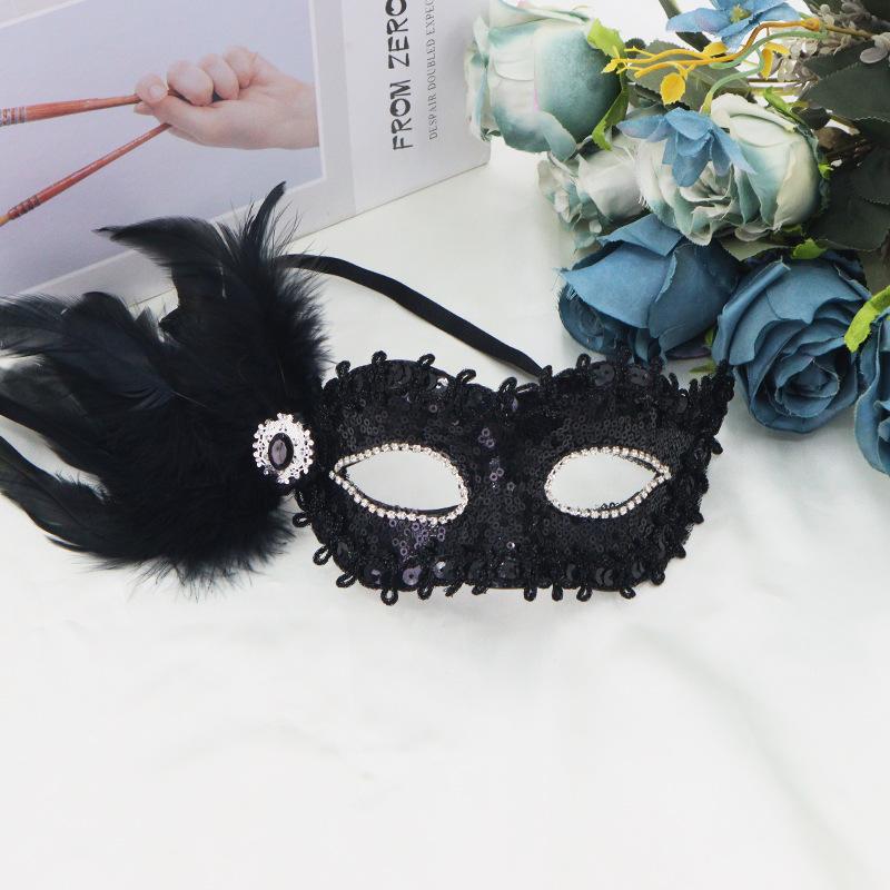 Feathers Sequins Half-Face Mask Masquerade  Removable Feather Decor Venetian Mask Halloween Cosplay Party Costume Accessory