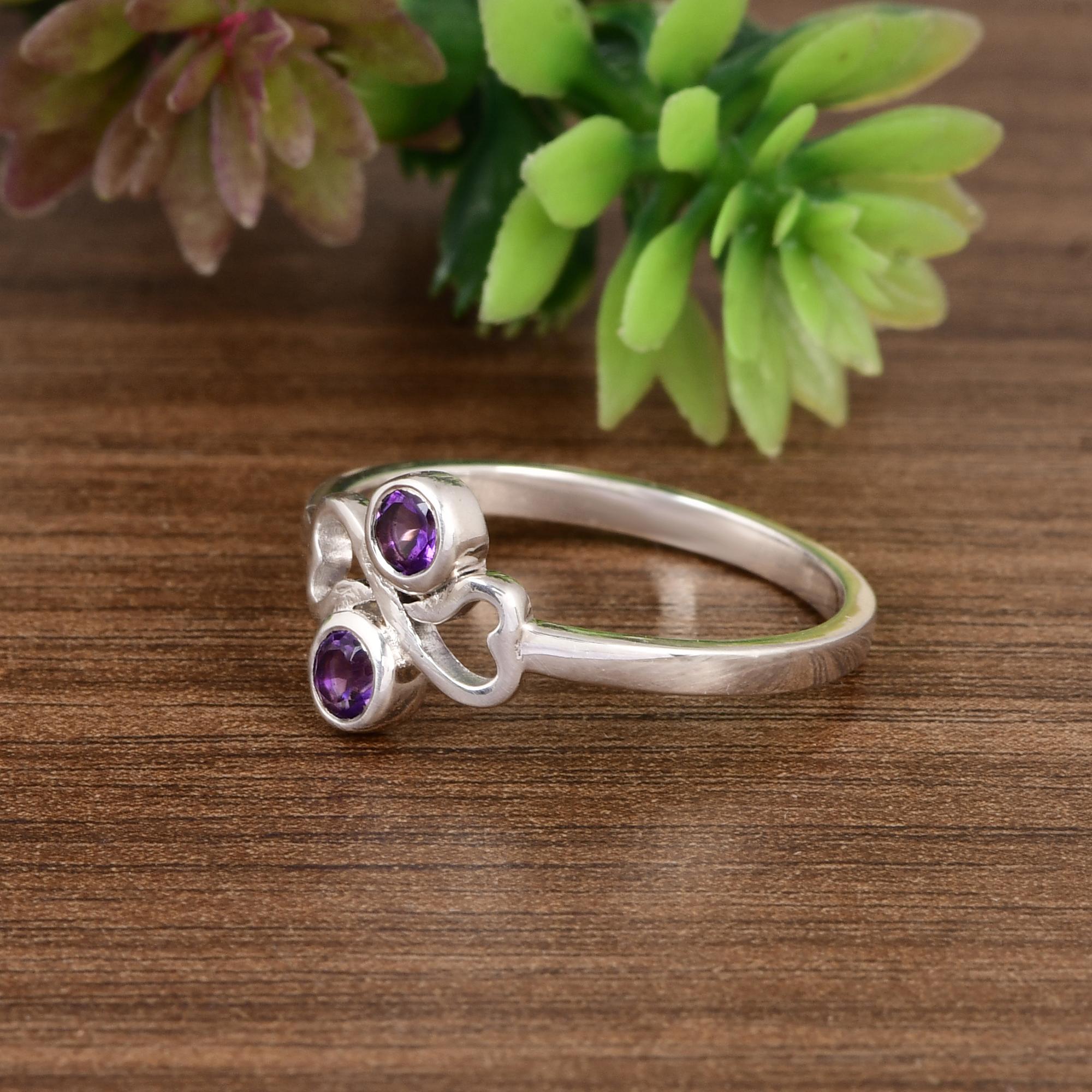 Natural Amethyst Double Stone Ring  | 925 Sterling Silver Minimalist Ring | February Birthstone Ring | Dainty Gemstone Ring | Gift for Her 5