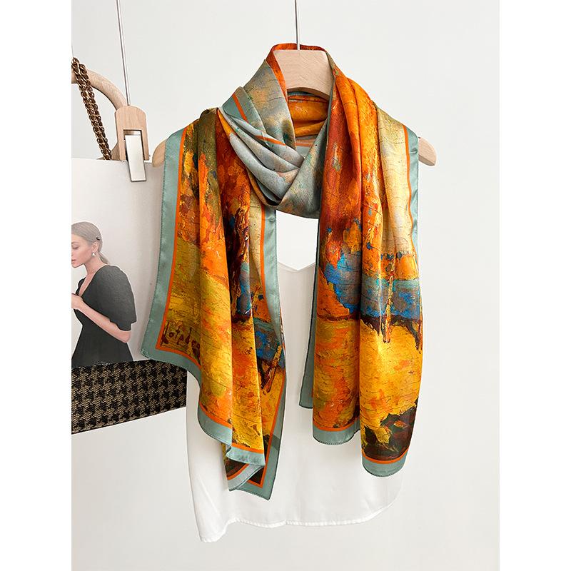 Plain Crepe Satin Silk Long Scarf Women's Autumn and Winter New Fashion Temperament Silk Scarf Gift High-end 111% Mulberry Silk Scarf