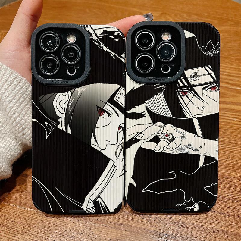 Vertical Grain Leather Shell Uchiha Itachi Printed Cover Patterned Soft Silicone Case with Camera Lens Full Protection for iPhone