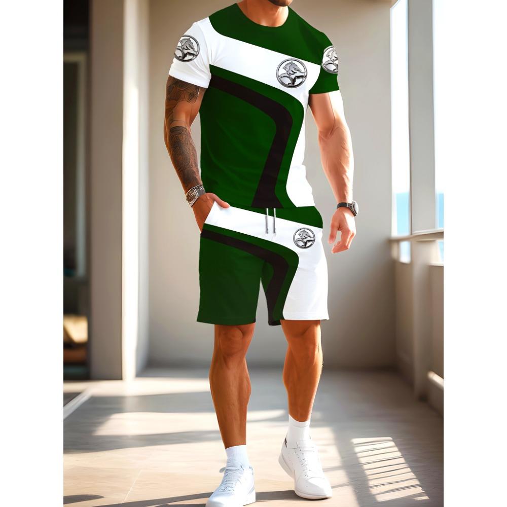 

Men s casual sports short-sleeved T-shirt and shorts set - Green and white, featuring a bold 7 design S