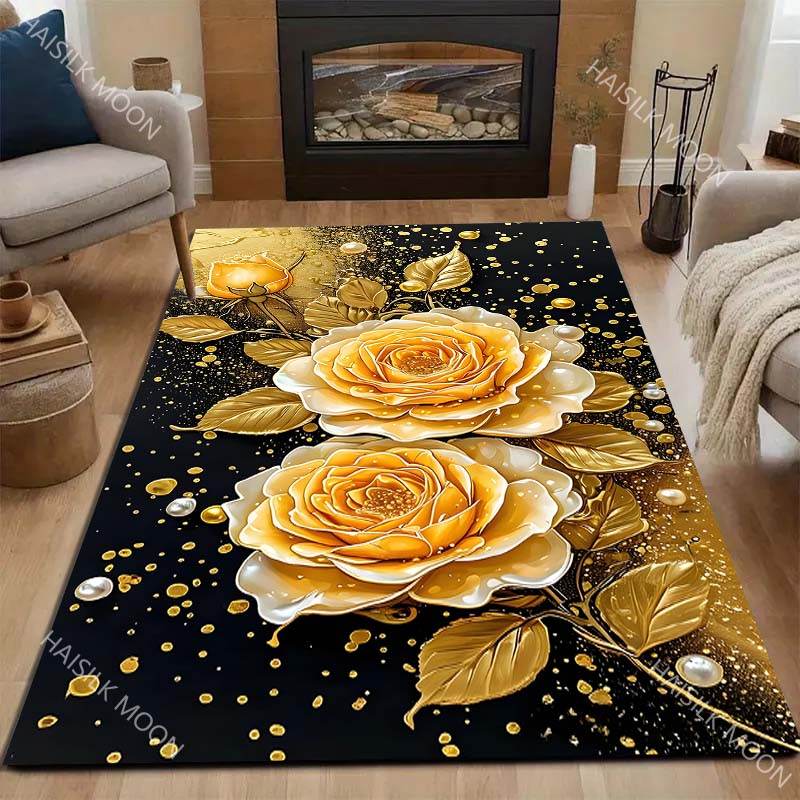 Creative Golden Flowers Pattern Carpet for Living Room Bedroom Bedside Floor Mat Sofa Table Area Rugs Home Decor Large Size