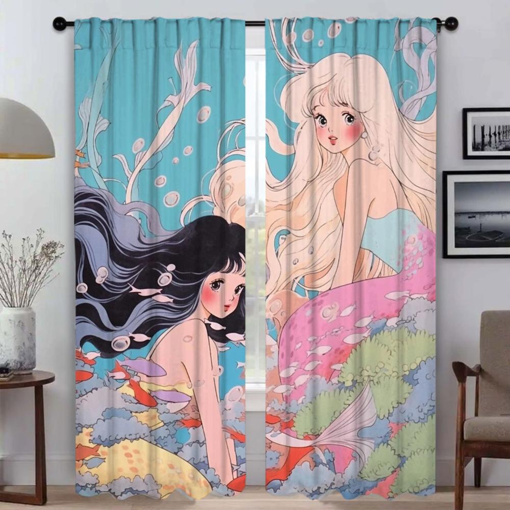 Mermaid Blackout Curtains for Living Room Home Interior Curtains 2 Pieces Window Curtain Tulle for Bedroom Halloween Decoration