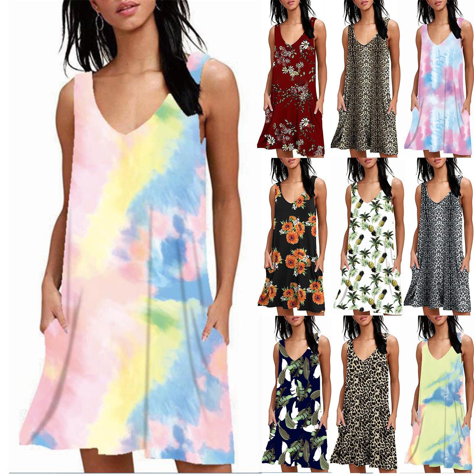 

Модные женские принты с круглым вырезом без рукавов, майка, карманное повседневное платье