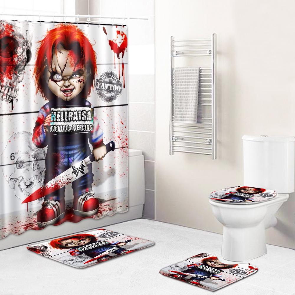 Thriller Skull Print Bathroom Non-Slip Floor Mat Shower Curtain Combination Carpet European And American Style