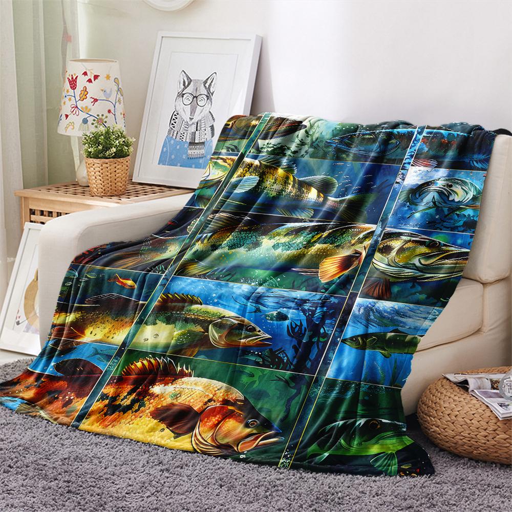 1Pc American Bass Fishing Print Flannel Blanket, High quality Comfortable for All Seasons, Home Decor, Warmth and Comfort, Perfect for Christmas Gifts