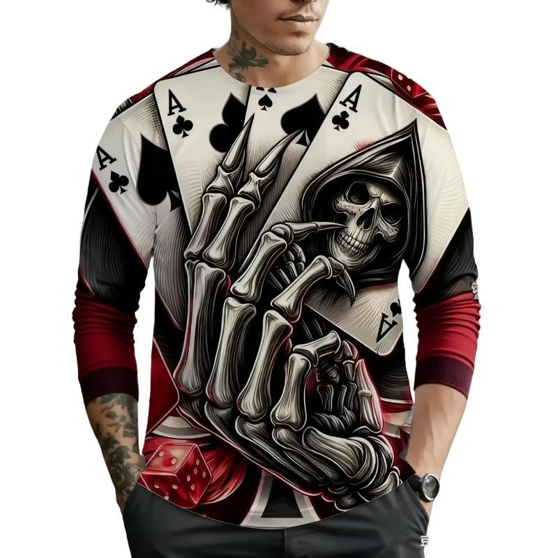 Round Neck 3D Skull Printed T-shirts Casual Short Sleeved Men's T-shirts - Soft Medium Stretch Polyester Fabric Spring and Autumn Relaxed Fit Clothing