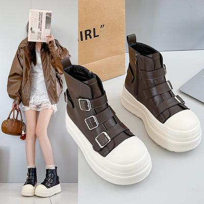 Bocanci Martin populari cu talpă groasă, pentru bărbați mici, care măresc înălțimea, pentru femei, toamnă 2025, noi, cu fermoar lateral, high-top, casual, botine scurte tip brioșă
