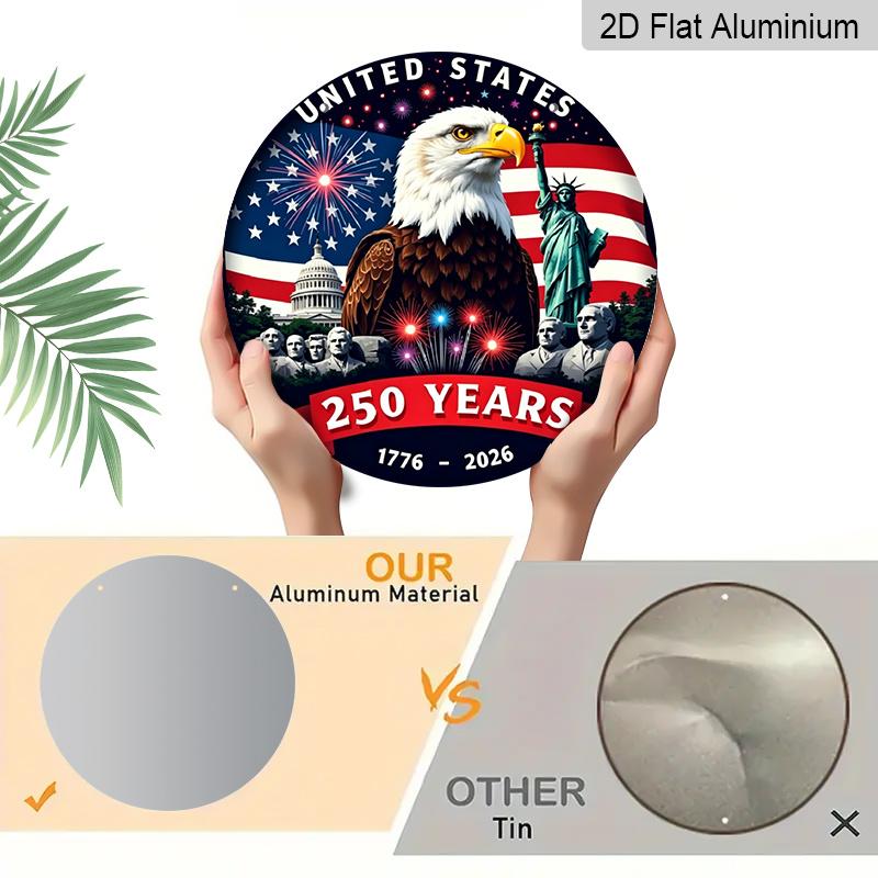 2D Flat, 1pc Circular Aluminum Decorative Plaque, Celebrating The 250Th Anniversary of America with a Patriotic Eagle & American Landmarks Design