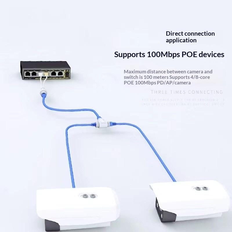 2 In 1 POE Splitter Adapter 3 Way RJ45 Connector Durable Stable Transmission for CCTV IP Camera Security Monitoring System