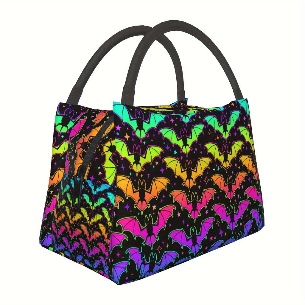 Neon Rainbow Bat Pattern Insulated Lunch Bag Durable Polyester Oxford Cooler Tote