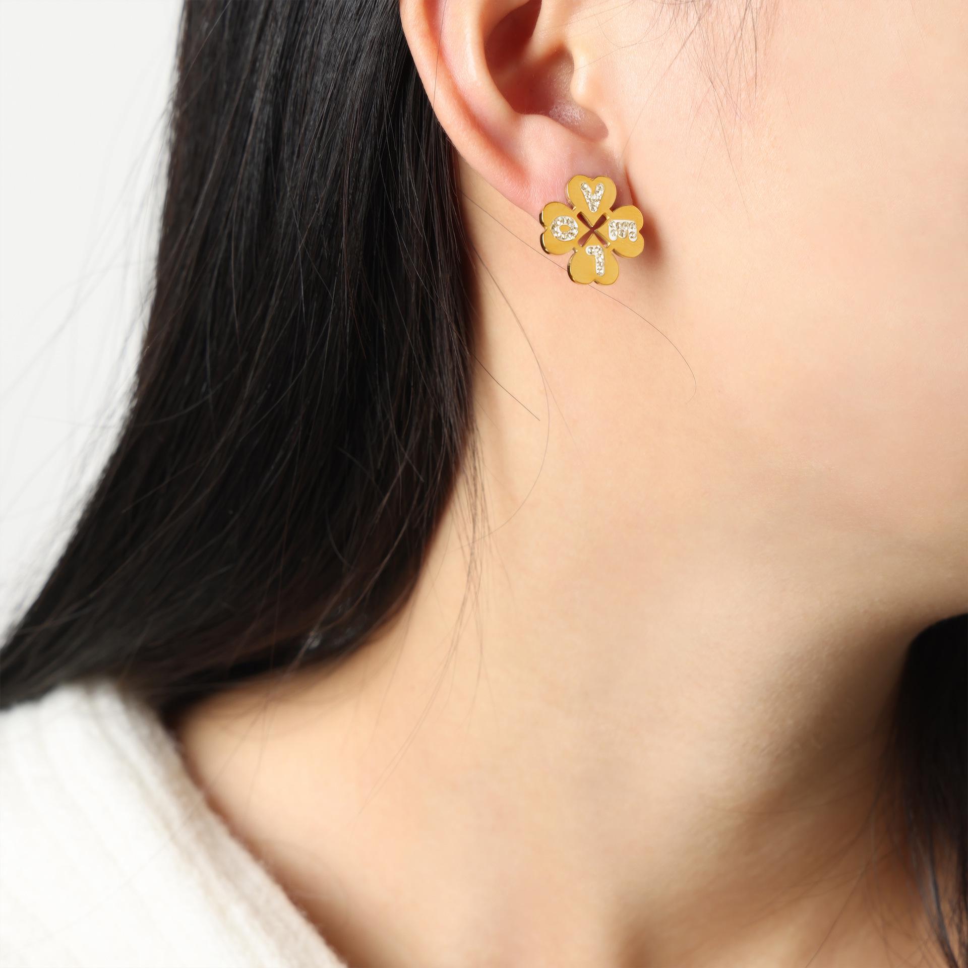 Trendy Geometric Four-Leaf Clover Rhinestone Titanium Steel Earrings
