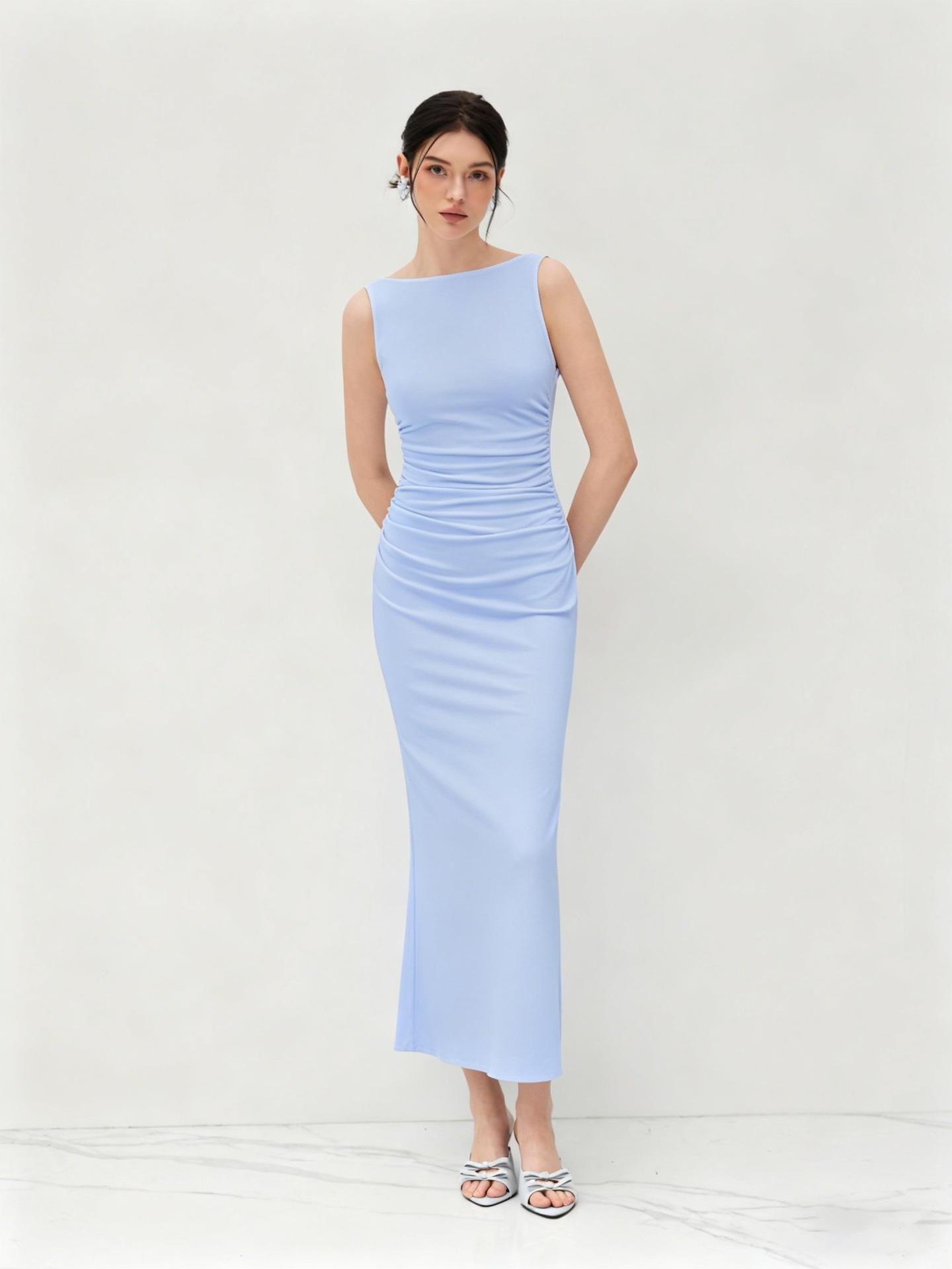 

women s Boat Neck Sleeveless Slim Fit Midi Dress Elegant Waist Ruched Split Bodycon Gown 3XL світло-синій колір