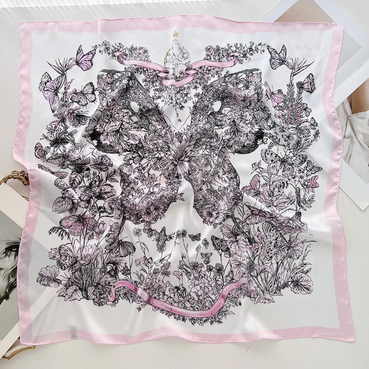 

New Butterfly Floral Print Silk Square Scarfs for Women Neckerchief Female Neck Tie Lady Fashion Hairband Soft Satin Head Hijab 70x70cm