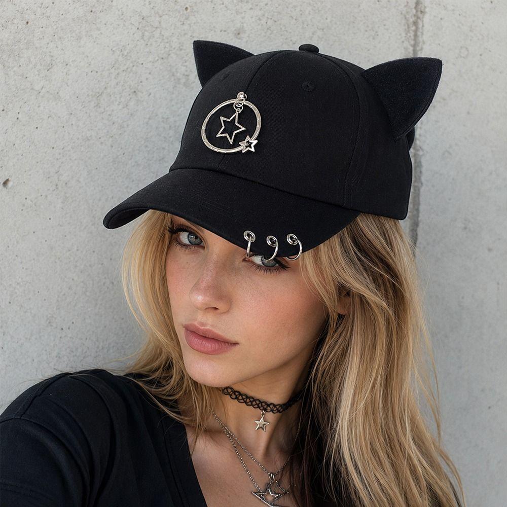 Metal Rings Hip Hop Cap Cat Ear Sunscreen Hat Creative Baseball Caps  Four Seasons