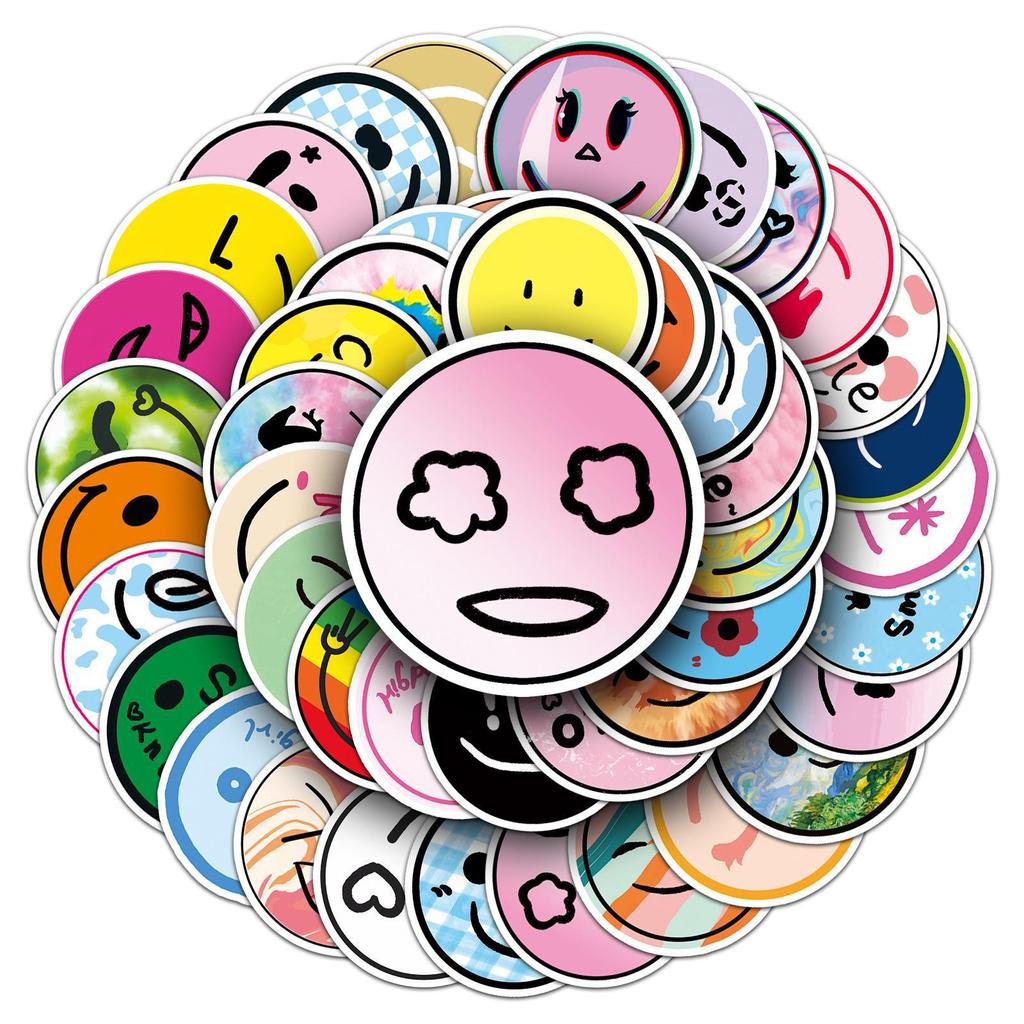 50 Trendy Smiley Face Stickers: Waterproof Cartoon Designs for Suitcases, Scooters, Computers, Tablets, and Water Cups