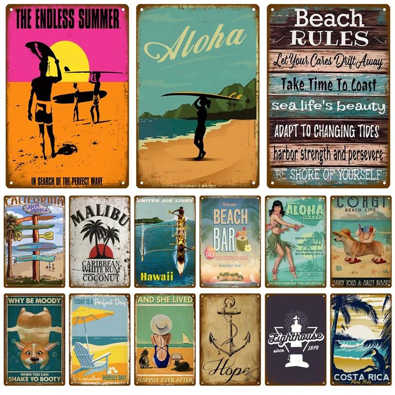 Beach Tin Sign Plaque Metal Summer Sign Metal Plate Wall Decor For Beach Bar House Surf Club Decorative Iron Painting Poster
