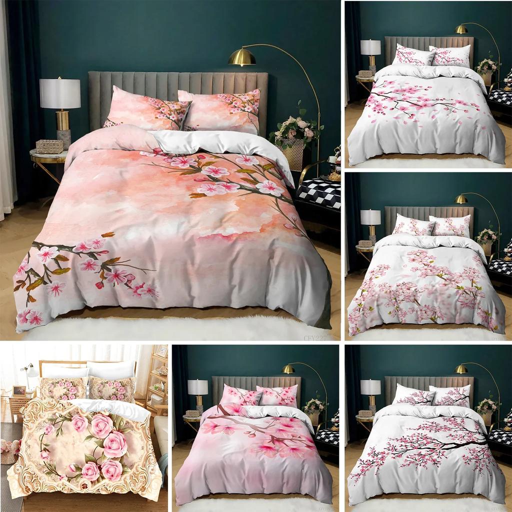 Plum Blossom Red Flower Floral Comfortable Duvet Quilt Cover Pillowcase Bedding Set Children Bedroom Decoration Home Textile