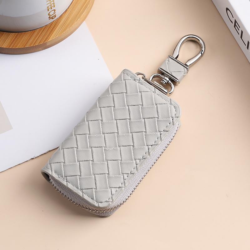 Woven Pattern Car Key Case for Men Large Capacity Zipper Key Organizer Pouch for Women Keychain Car Key Holder Car Accessories