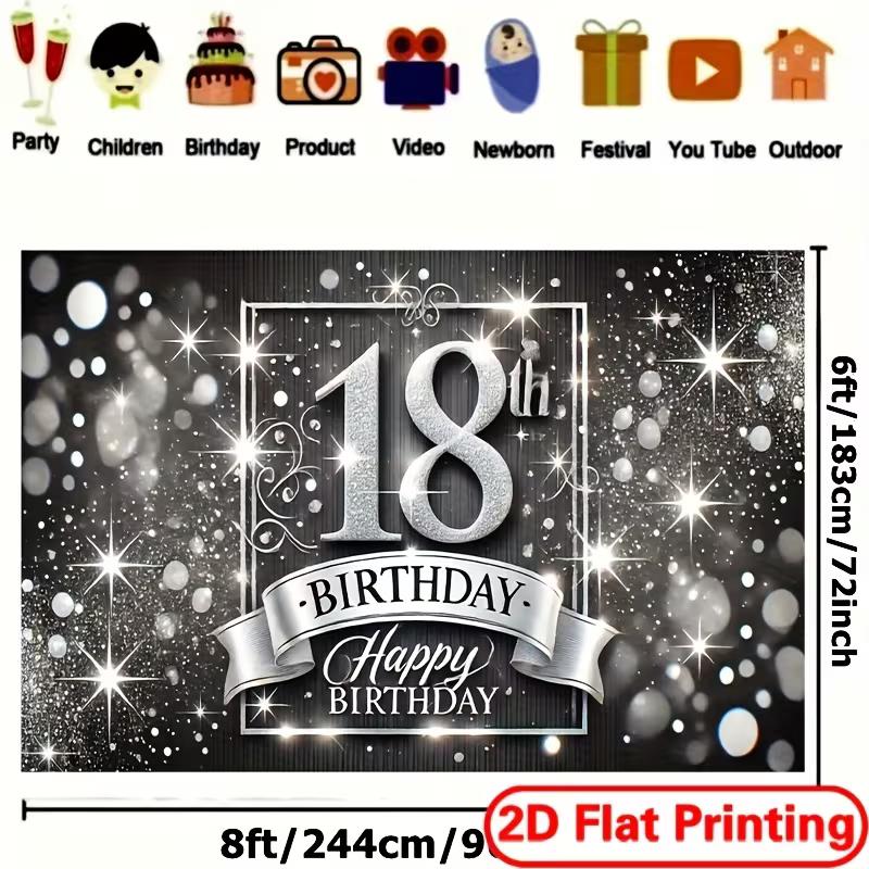 2D 18th Birthday Photo Booth Banner, Black Background with Silver Glitter