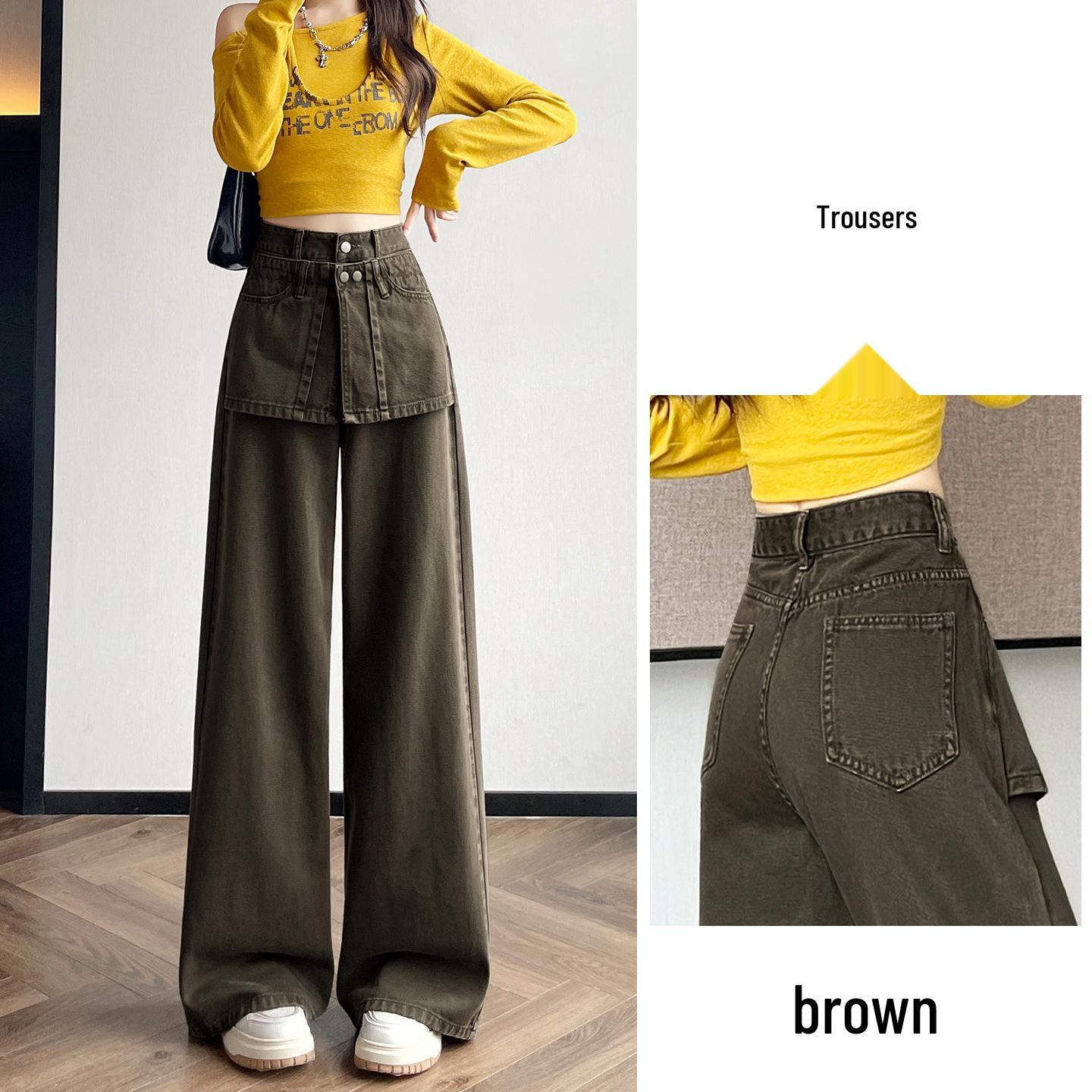 

Autumn Retro Wide-Leg Jeans: Faux Two-Piece, Loose Fit, Slimming Design for Women S (86-97 lbs)