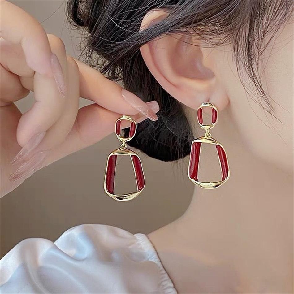 Ancona Red Big Hollow Square Enamel Geometry Drop Earrings Exaggerated Wedding Party Jewelry Accessories Christmas Gift