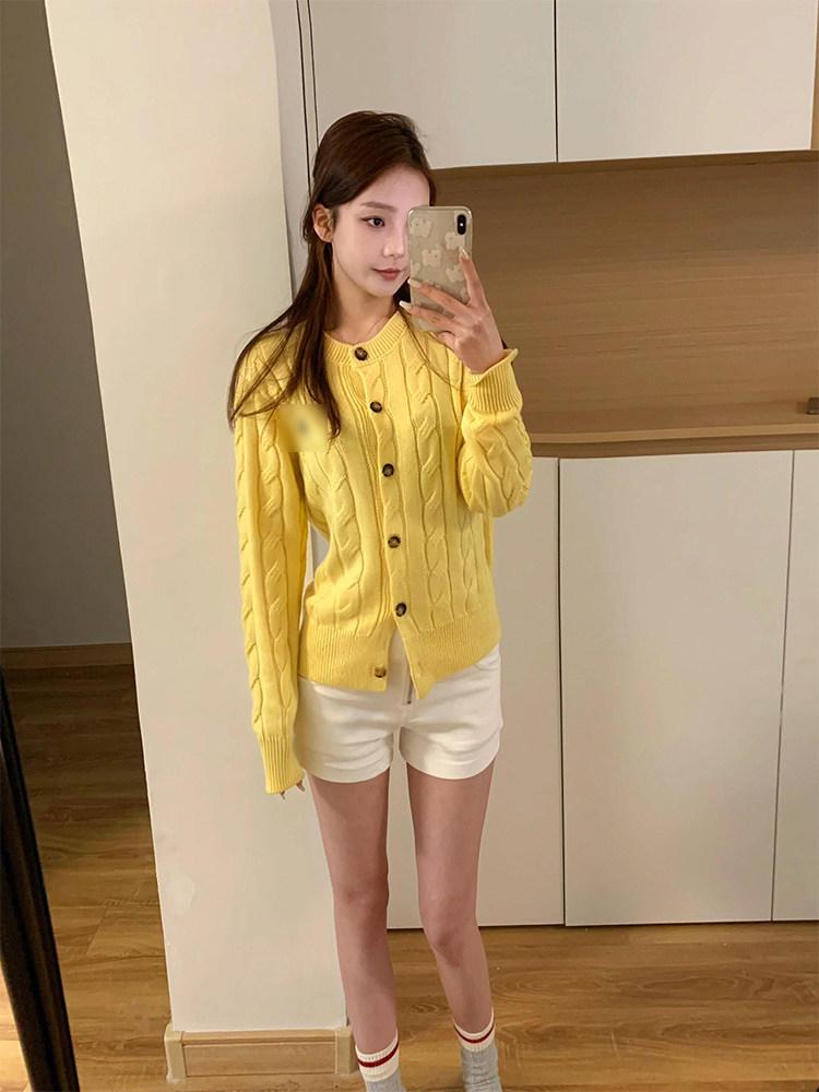 Korean Style Embroidered Pony Logo Knit Cardigan, Versatile Autumn Winter Round Neck Cable Sweater for Women
