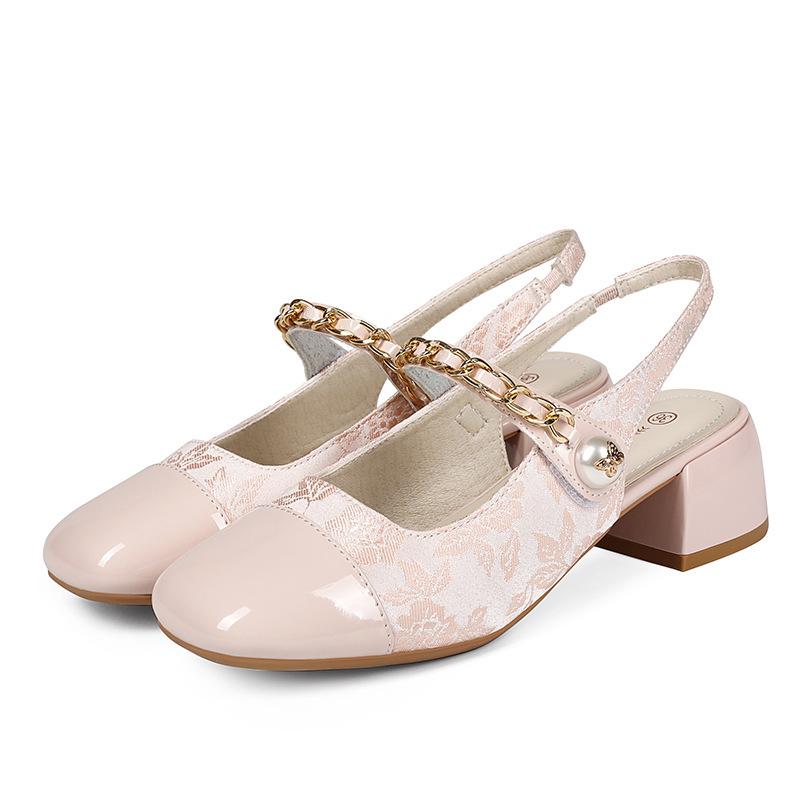 Baotou printed sandals summer new light mouth pearl buckle single shoes thick heel Mary Jane women's shoes women's