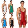 S-3XL Men Oil Shiny Workout Bodysuit Low Neckline Strappy Side Cutout Elastic Bands Boxer Brief Bottom One Piece Swimsuit for Bodybuilding Swimming