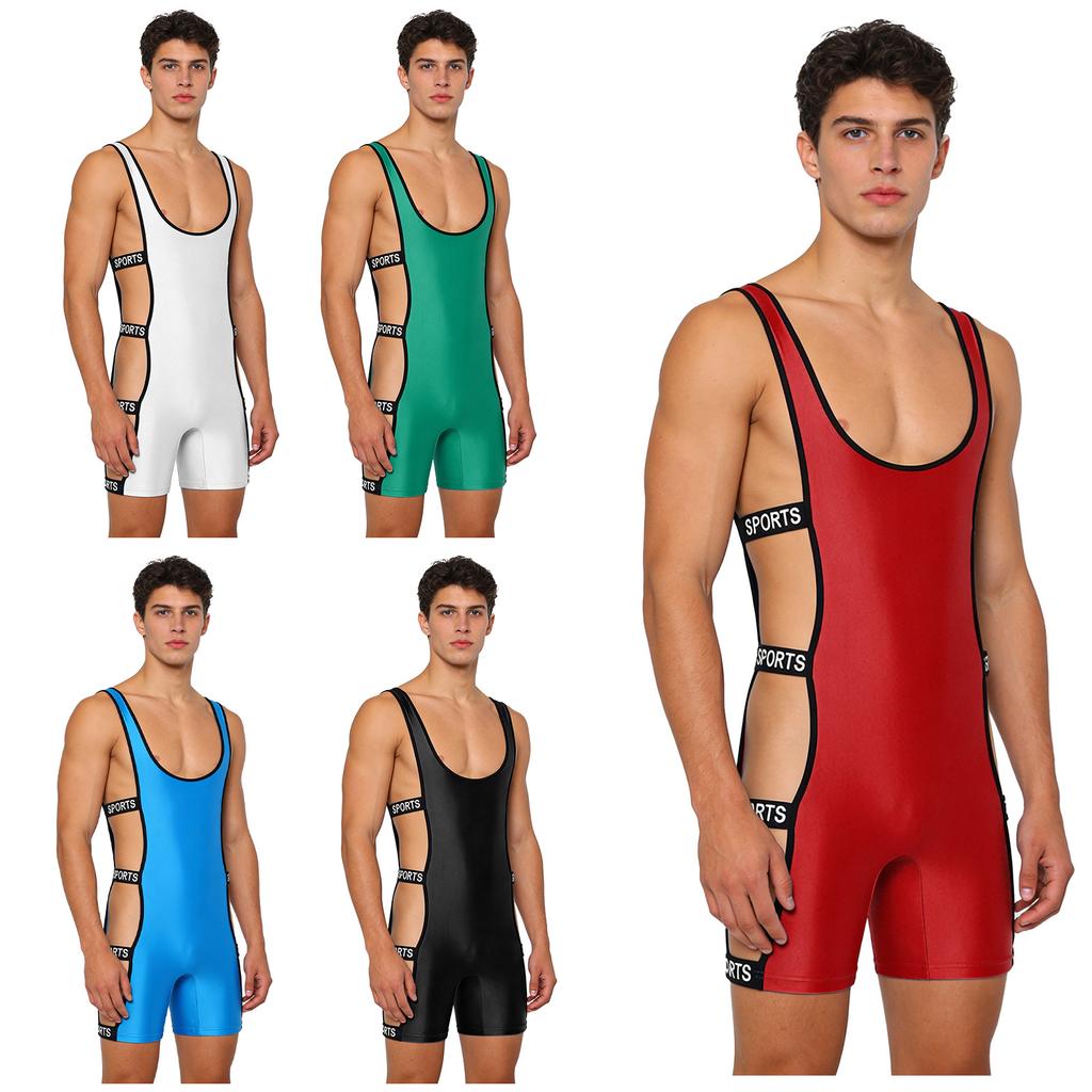 Men‘s Shiny One Piece Swim Bodysuit S-3XL Low Cut Neck Strappy Side Open Elastic Waistband Boxer Bottom for Bodybuilding Pool Training