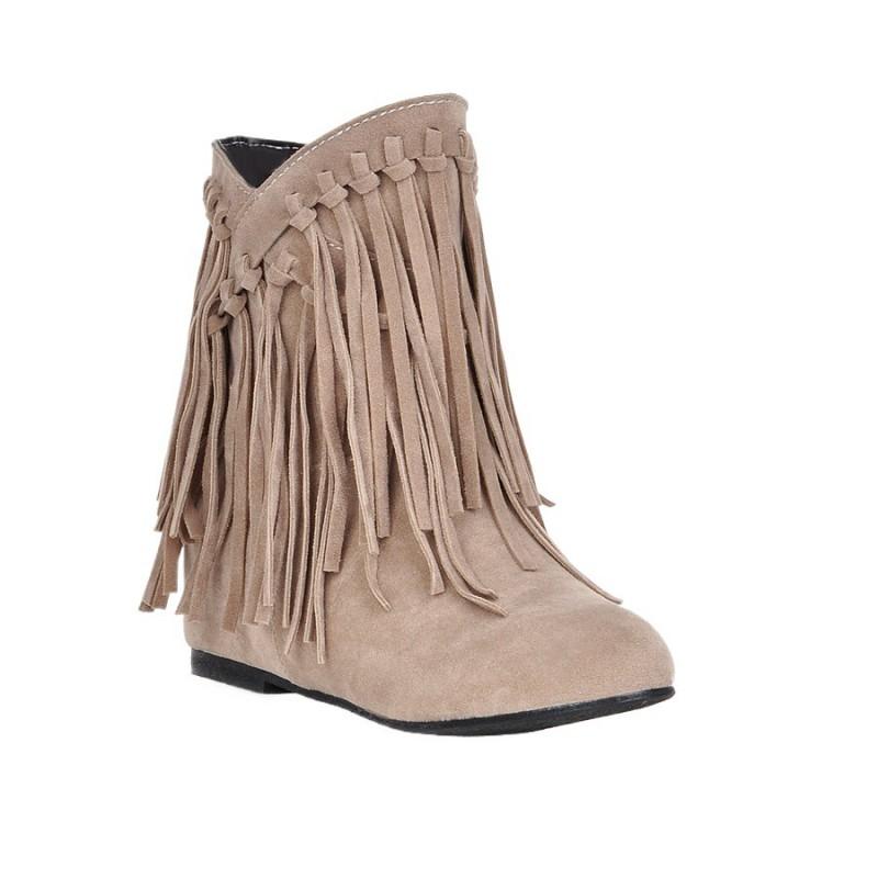 Womens Suede Ankle Boots With Fringe Flat Heel Hidden Platform Style Round Toe Slip-On Winter