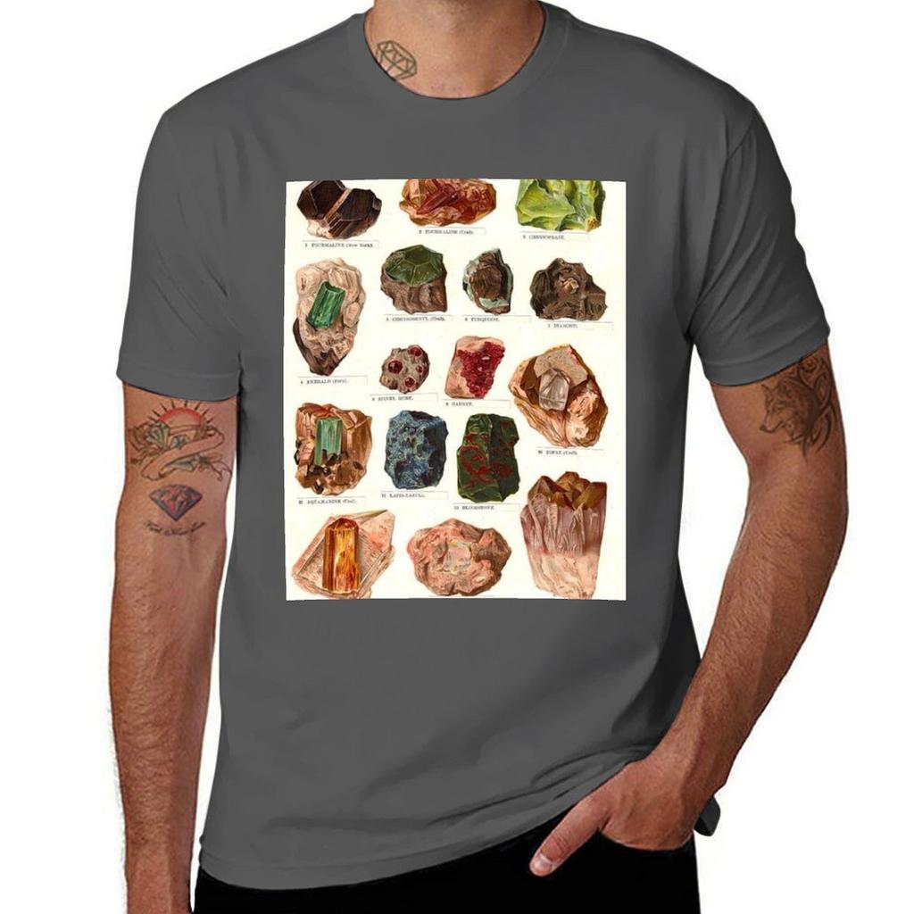 Minerals Vintage Scientific Illustrations Lithograph Encyclopedia Diagrams Precious Stones Tshirt Durable Work Wear Tshirt