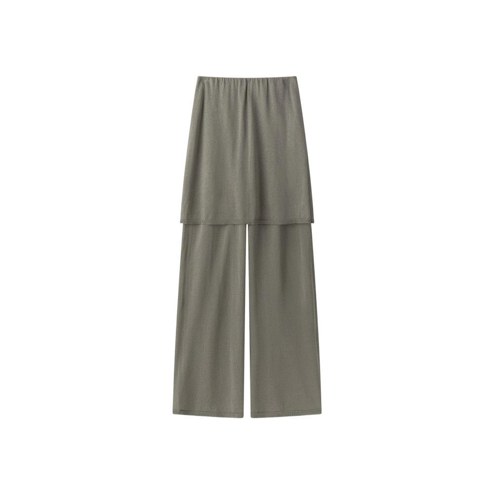 Longmei Women's Knit Wide-Leg Fake Two-Piece Elastic Waist Pants - Spring/Summer 2026 Minimalist Style Straight-Leg Trousers