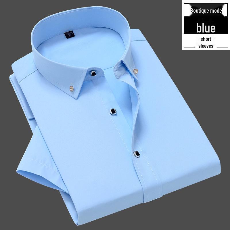 Men's White Short Sleeve Solid Color Professional Workwear Shirt with Diamond Buttons