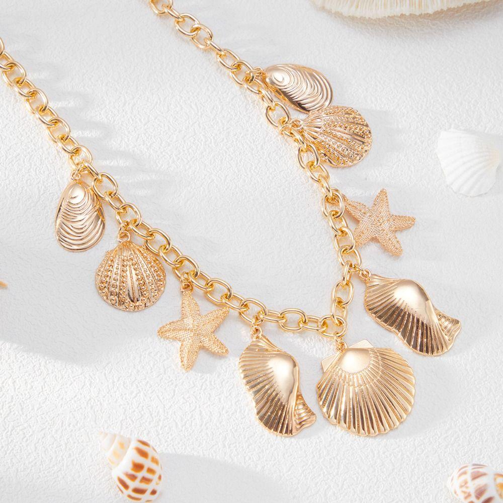 Elegant Starfish Necklace Beach Style Exaggerate Metal Necklace Pearl Shell Necklace  Summer