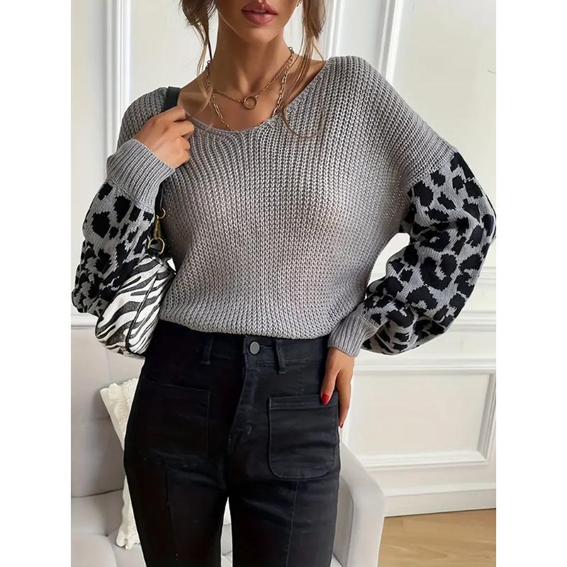 Women's Autumn Winter V-Neck Knitwear Loose Casual Top with Leopard Print Splicing Versatile Fashionable Sweater