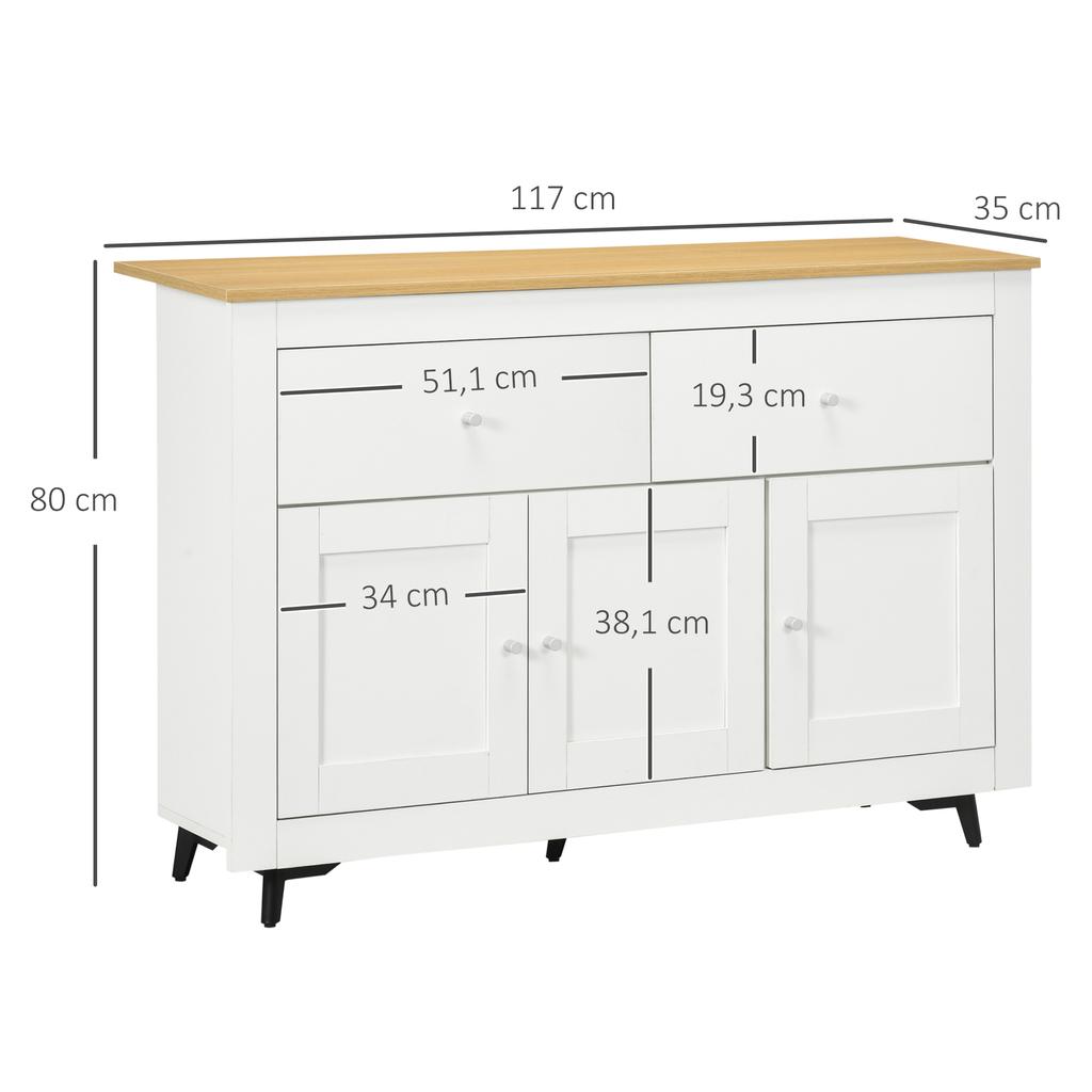 Credenza da cucina con 2 cassetti, 3 ante e ripiano regolabile, per cucina, sala da pranzo, soggiorno, 117 x 35 x 80 cm, bianco
