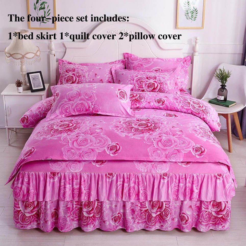 Czteroczęściowe Falbany na Łóżko Narzuty Pokrowce na Łóżko Poszewki na Poduszki Antypoślizgowe Drukowane Prześcieradła Pościel Lekki Luksus