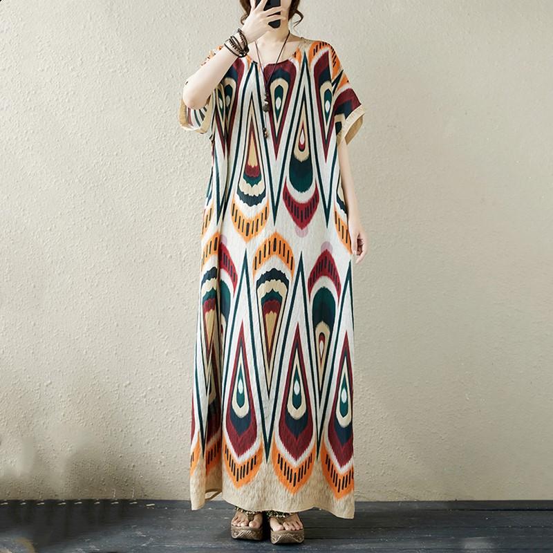 Krátký rukáv Nadměrná velikost vintage květinová novinka v šatech pro ženy ležérní volné Maxi dlouhé letní šaty