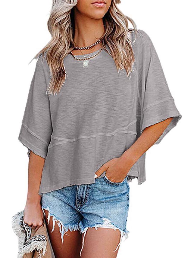 2025 Trendiges gespleißtes einfarbiges Glockenärmel-Lockeres Damen-T-Shirt