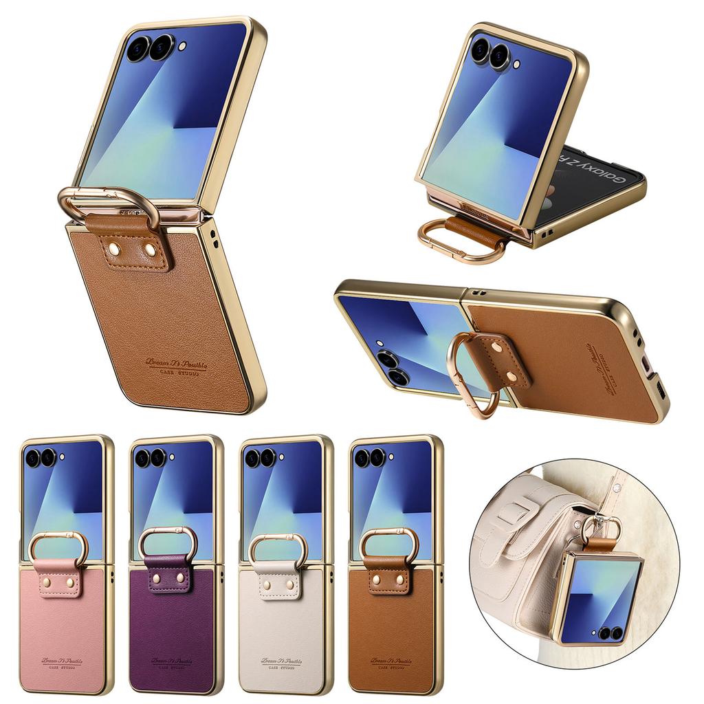 Luxury Business Ring Holder Leather Case for Samsung Galaxy Z Flip 7 6 5 4 5G Flip7 FE Flip6 Shockproof Electroplated Edge Cover