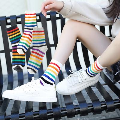 Nieuwe damessokken 1 paar lange katoenen regenboogkleur gestreept bedrukt nieuwigheid mode dames herfst sokken
