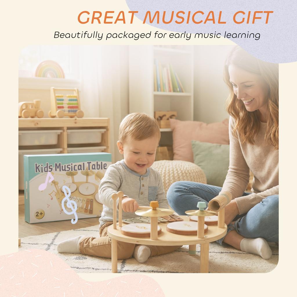 Baby Drum Kit, Wooden Kids Musical Instruments with Drums and Xylophone, Gifts for Girls Boys Birthday, Natural